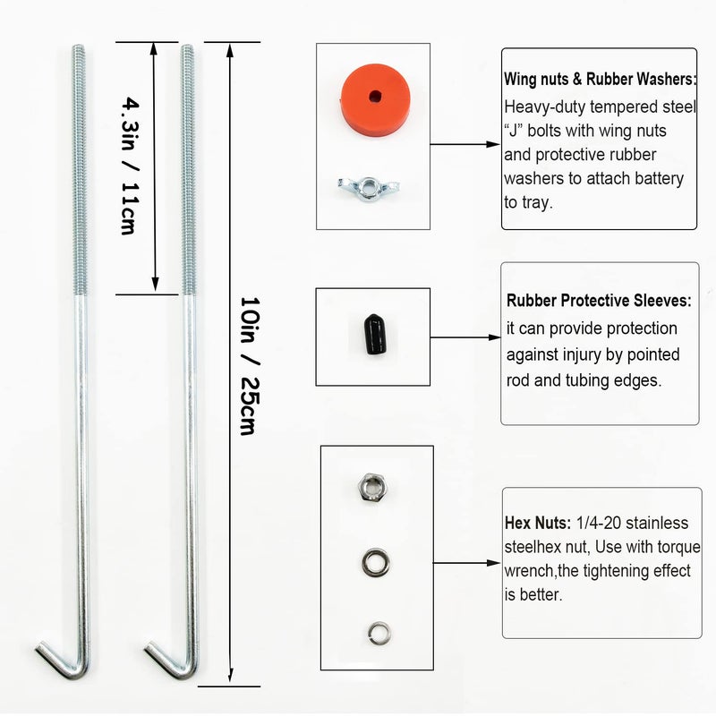 Young Dance Battery Hold Down Bracket  Aluminum Alloy Battery Tie Down Bracket  Battery Tray for Car Battery Mount Bracket Hold Lock Accessories  Car Battery Lock Down- with 10in J Bolts (Red) - Image 3